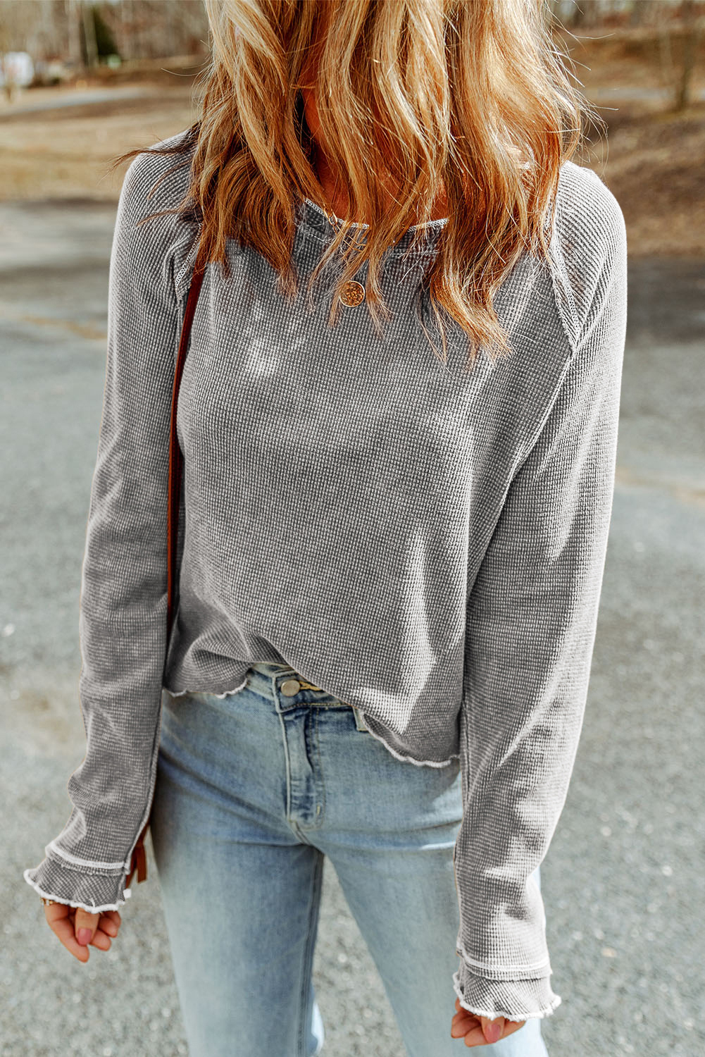 Smoke Gray Textured Round Neck Long Sleeve Top - loveforevers