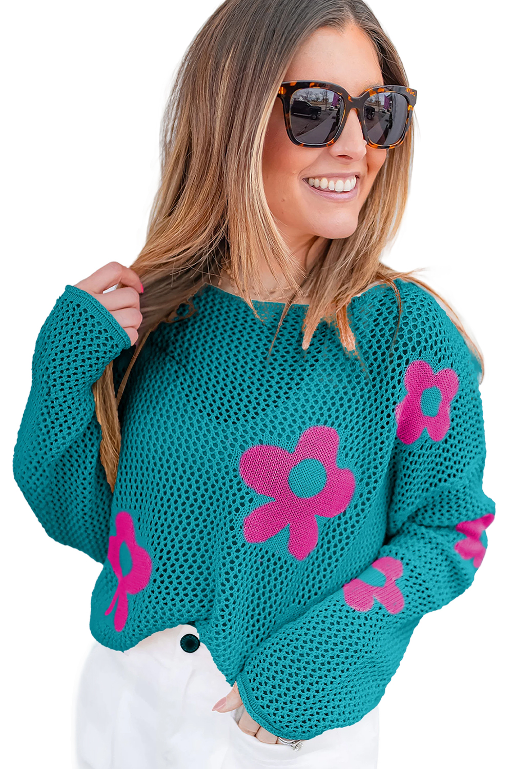 Light Pink Big Flower Hollowed Knit Drop Shoulder Sweater - loveforevers