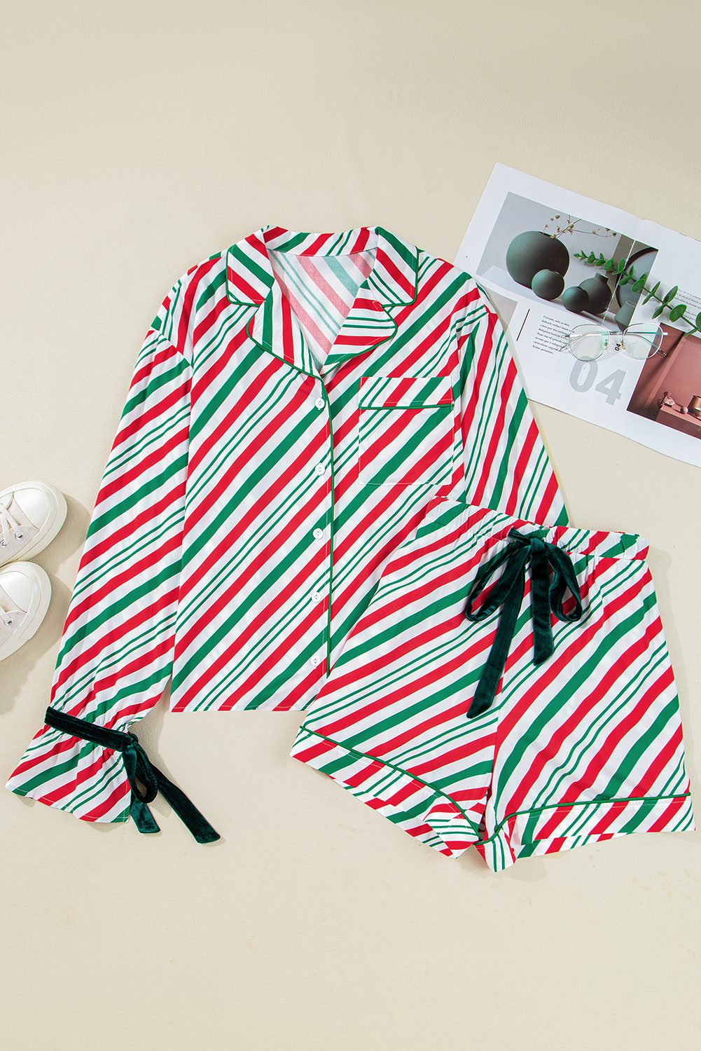 Green Stripe Contrast Velvet Ribbon Knot Christmas 2pcs Pajama Set - loveforevers