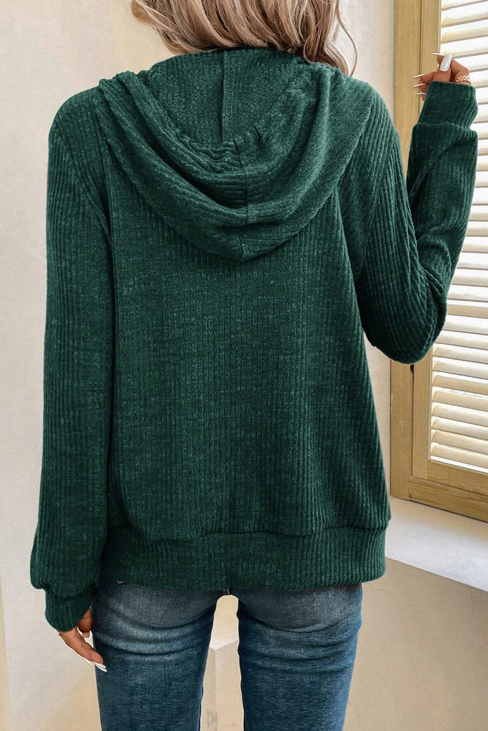 Dark Grey Ribbed Zip Up Front Drawstring Hoodie - loveforevers