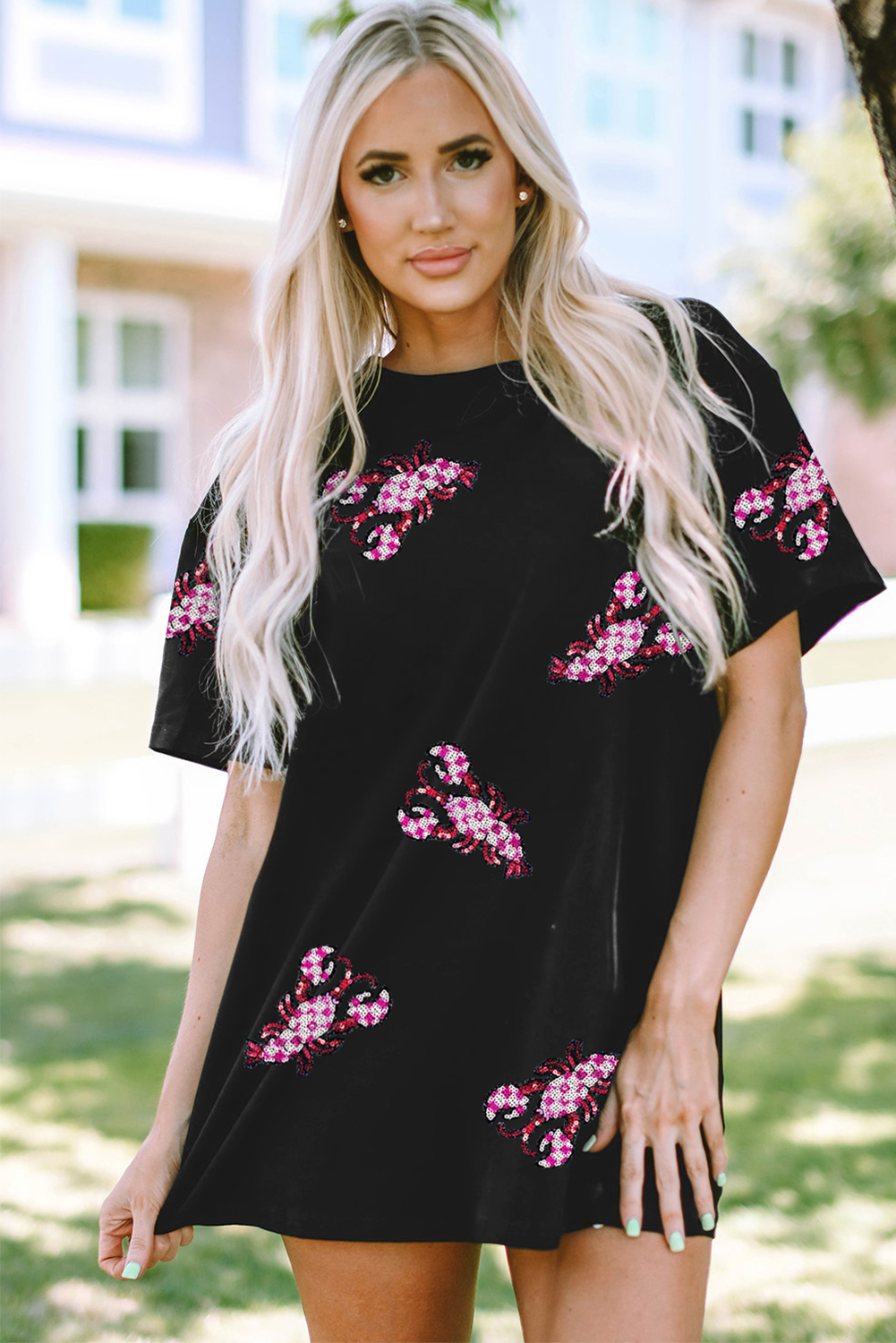 Black Sequin Crawfish Patched Crew Neck Tee - loveforevers