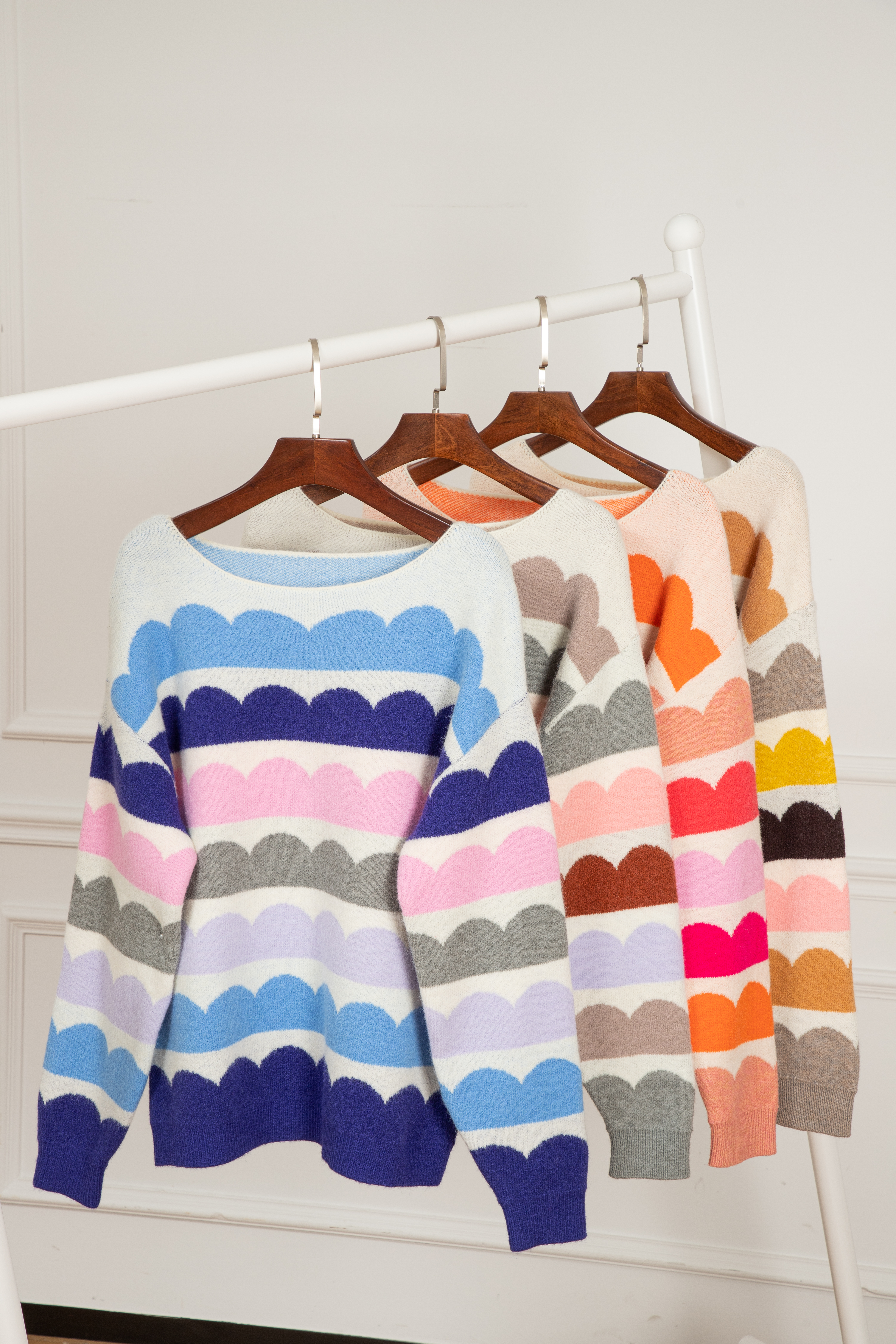 Rose Red Wave Striped Balloon Sleeve Drop Shoulder Sweater - loveforevers