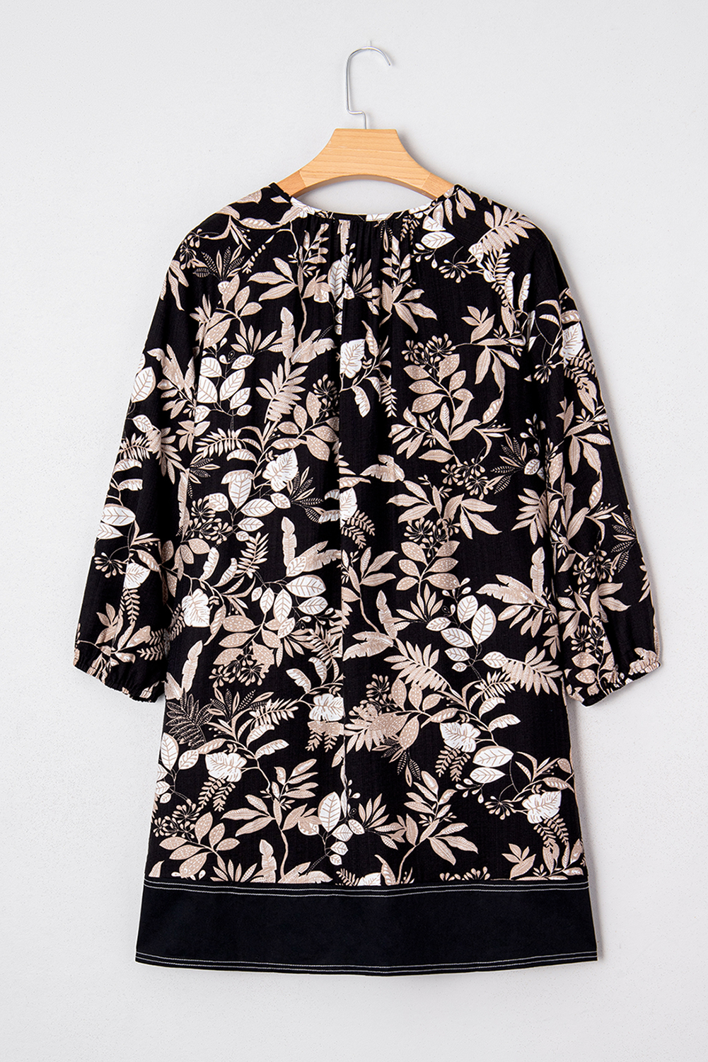 Black 3/4 Sleeve Botanical Print Split Neck Loose Mini Dress - loveforevers