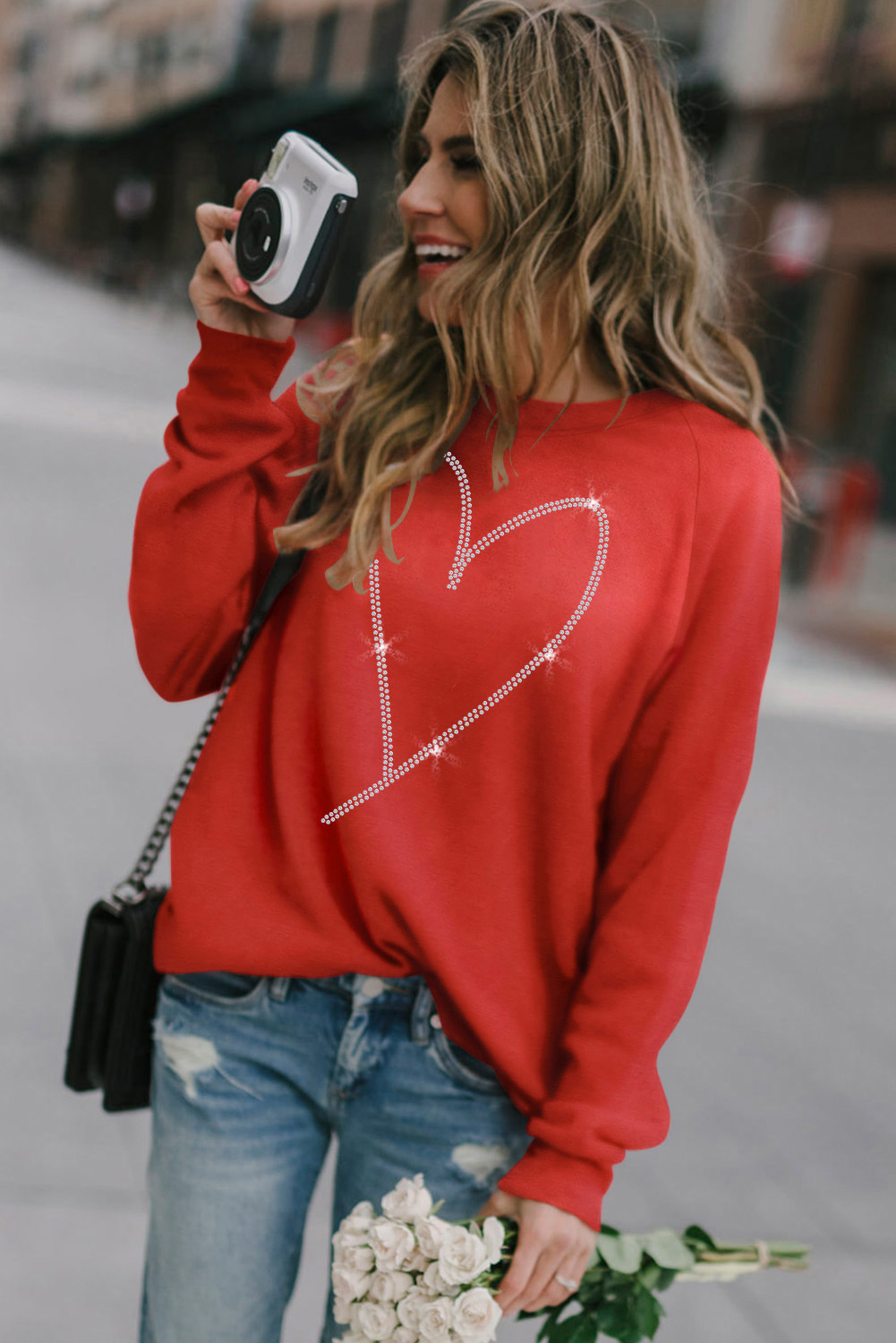 Fiery Red Rhinestone Heart Shaped Long Sleeve Sweatshirt - loveforevers