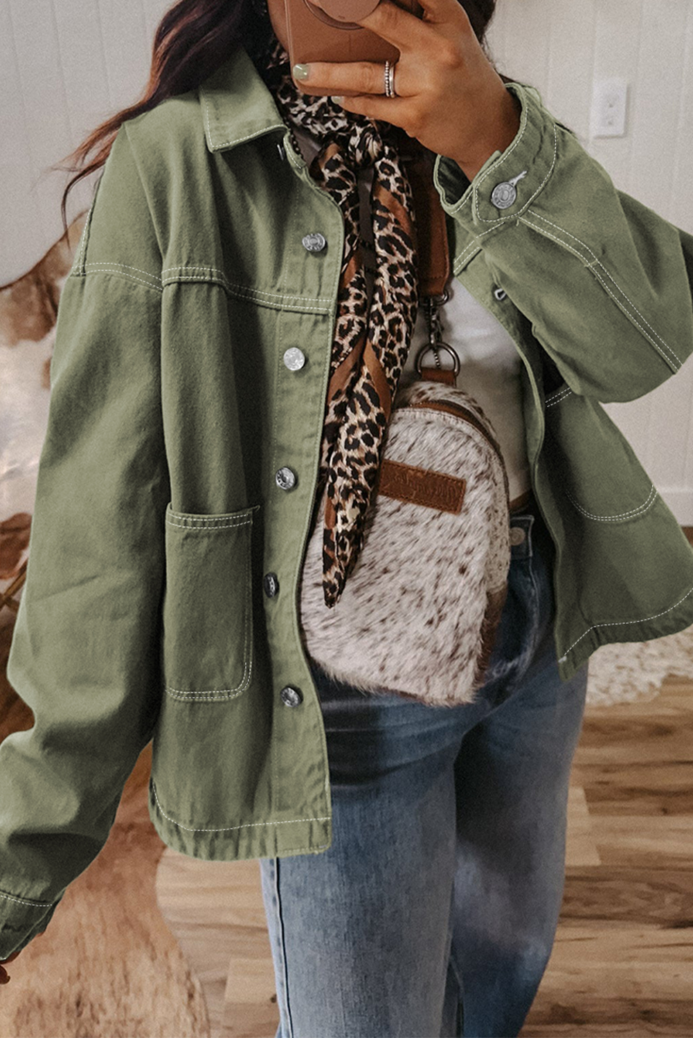 Smoke Green Patched Pocket Collared Button Front Boyfriend Denim Jacket - loveforevers
