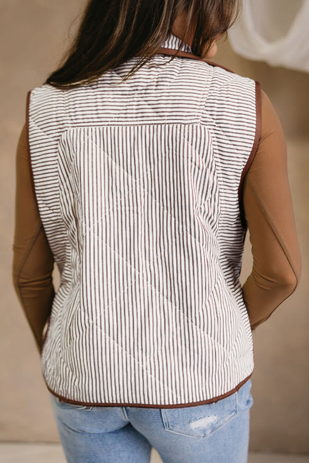 Black Stripe Contrast Trim Snap Button Collared Winter Vest - loveforevers