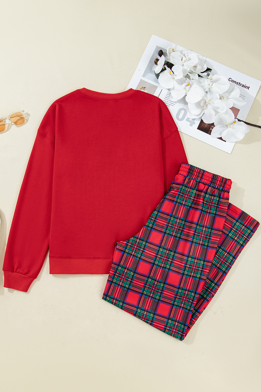Red Plaid Mama Graphic Christmas Holiday Crewneck Pullover and Pants Two Piece Lounge Set - loveforevers
