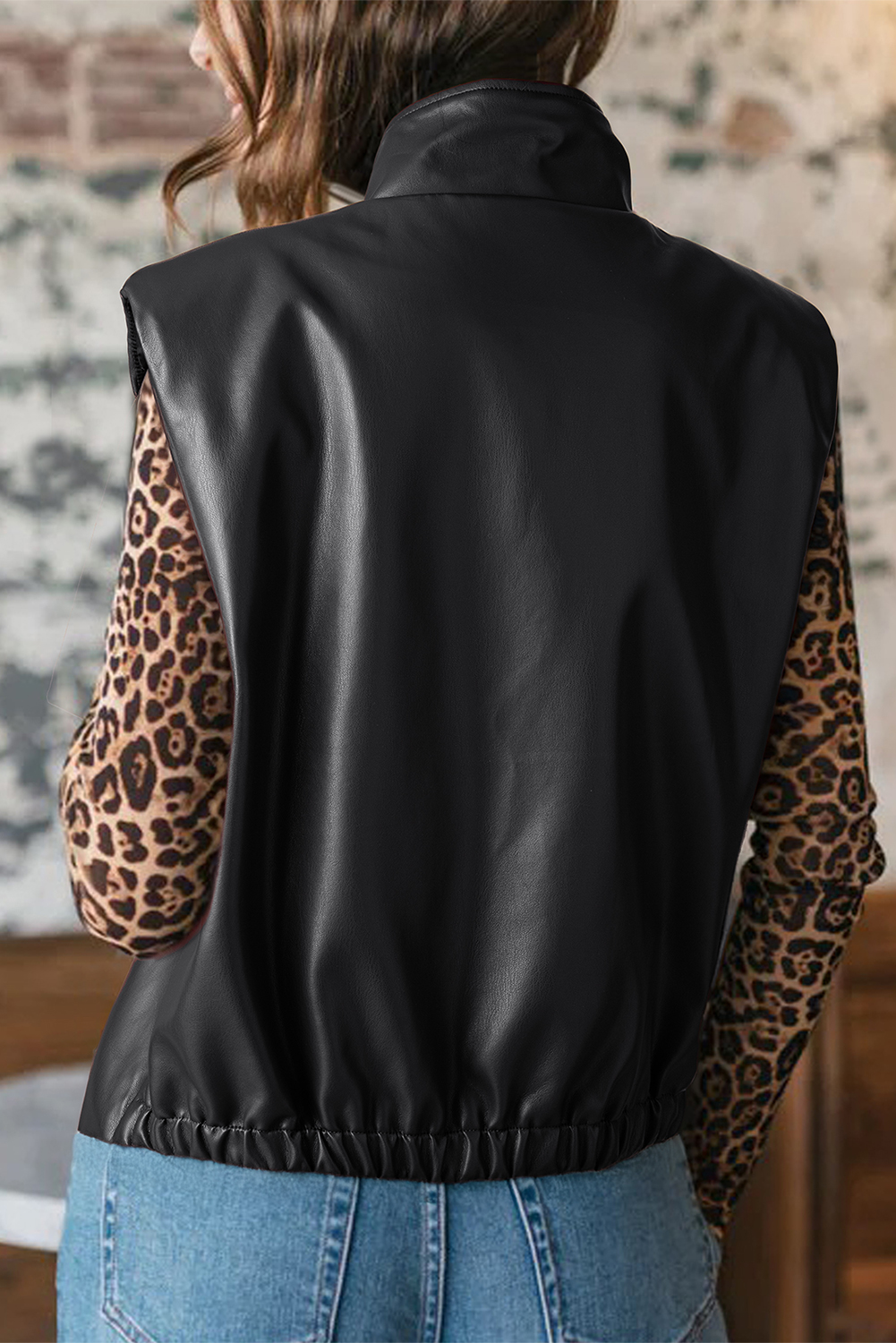 Black Double Flap Pocket Faux Leather Zip Up Stand Neck Vest - loveforevers