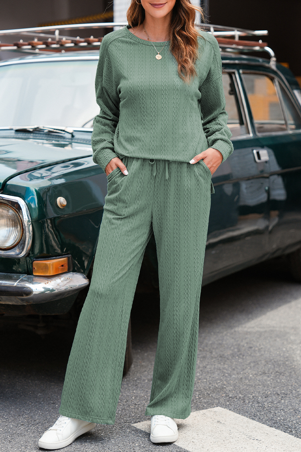 Smoke Green Textured Round Neck Sweatshirt & Loose Drawstring High Waist Pant Set - loveforevers