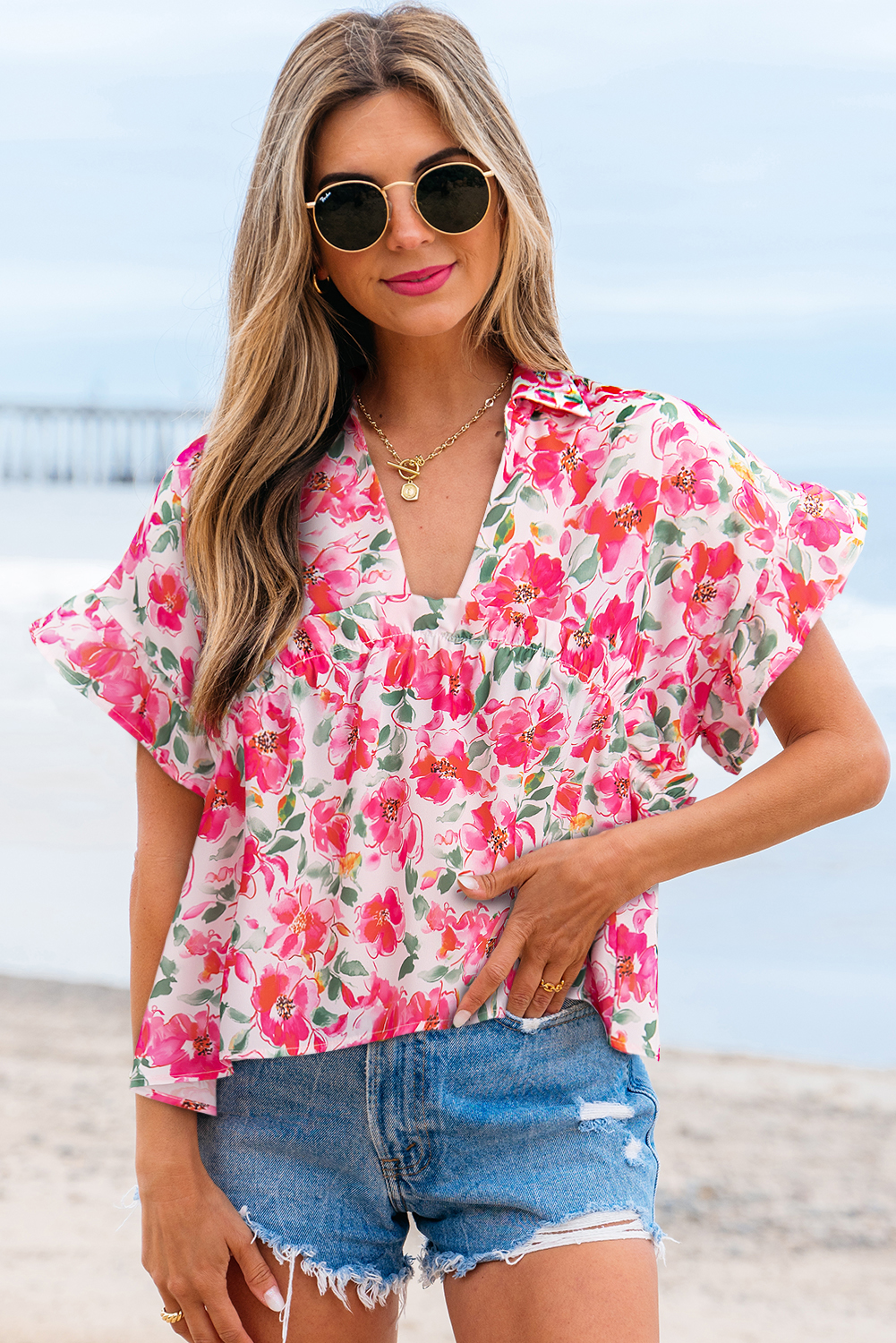 Pink Floral Boxy Fit Ruffled Short Sleeve V Neck Blouse - loveforevers