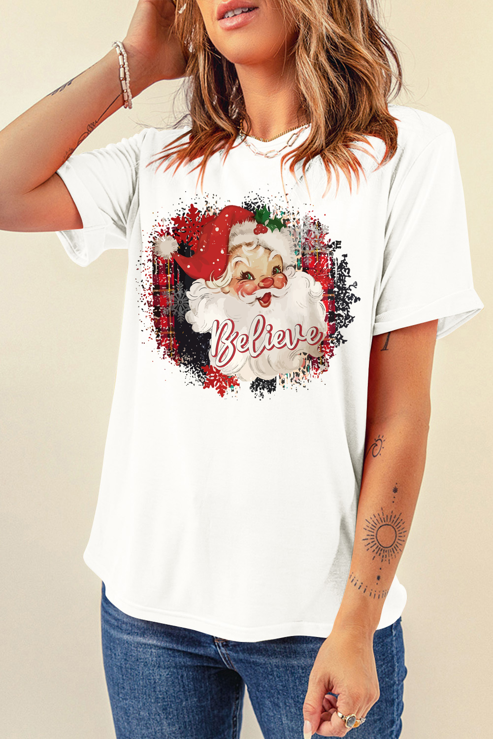 White Believe Christmas Father Graphic Crewneck T Shirt - loveforevers