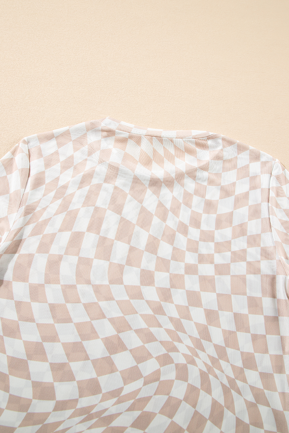 Khaki Checkered Pattern Mesh Mock Neck Long Sleeve Top - loveforevers