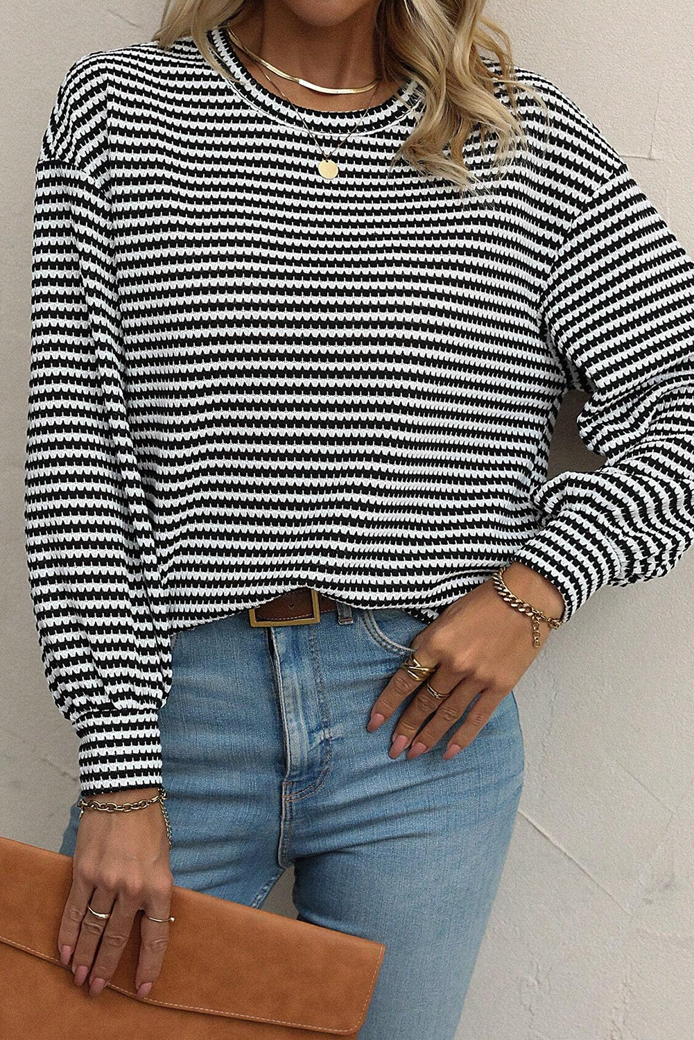 Black Stripe Round Neck Drop Shoulder Long Sleeve Top - loveforevers