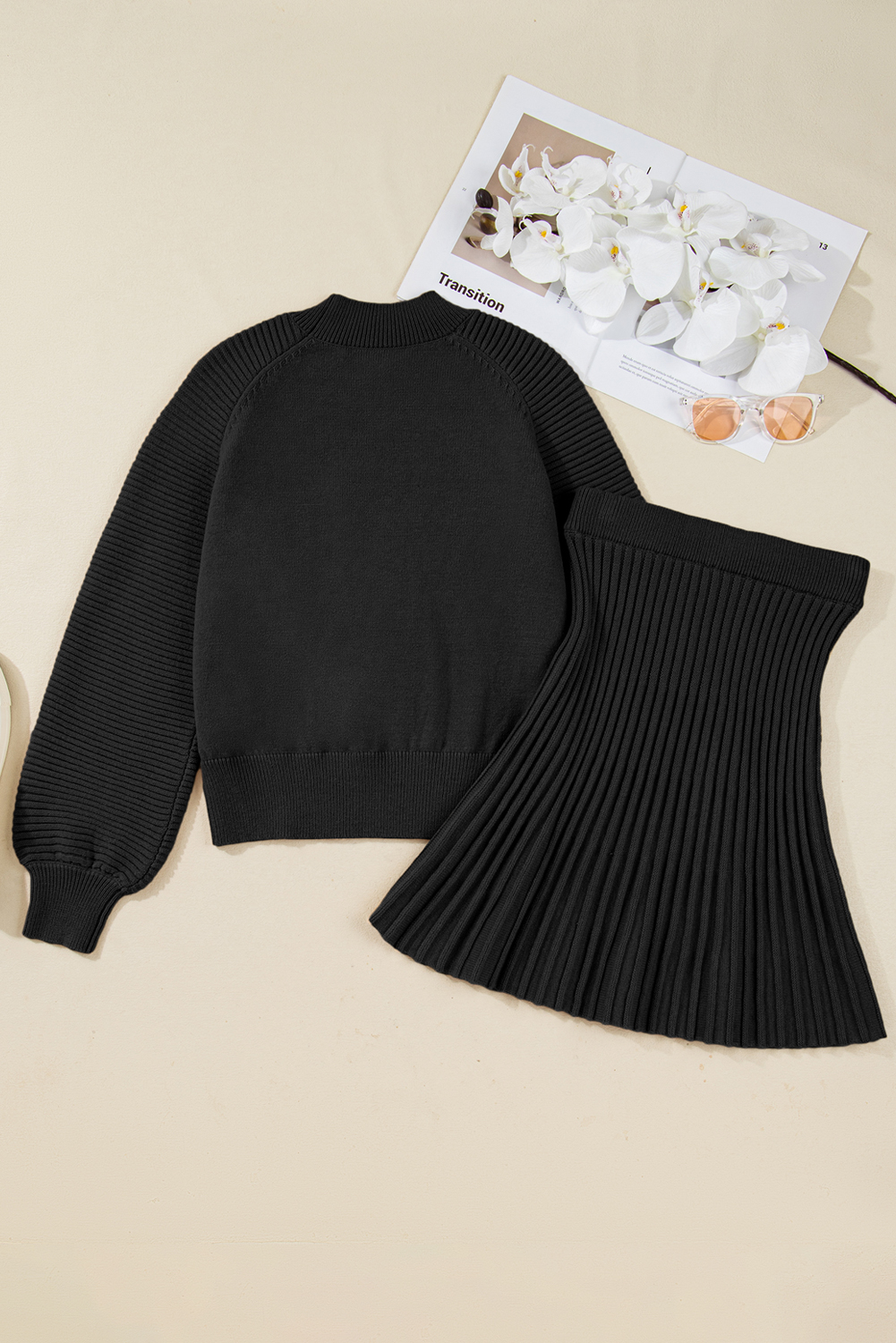 Smoke Gray High Neck Puff Sleeve Sweater Pleated Mini Skirt 2pcs Knitted Outfit - loveforevers