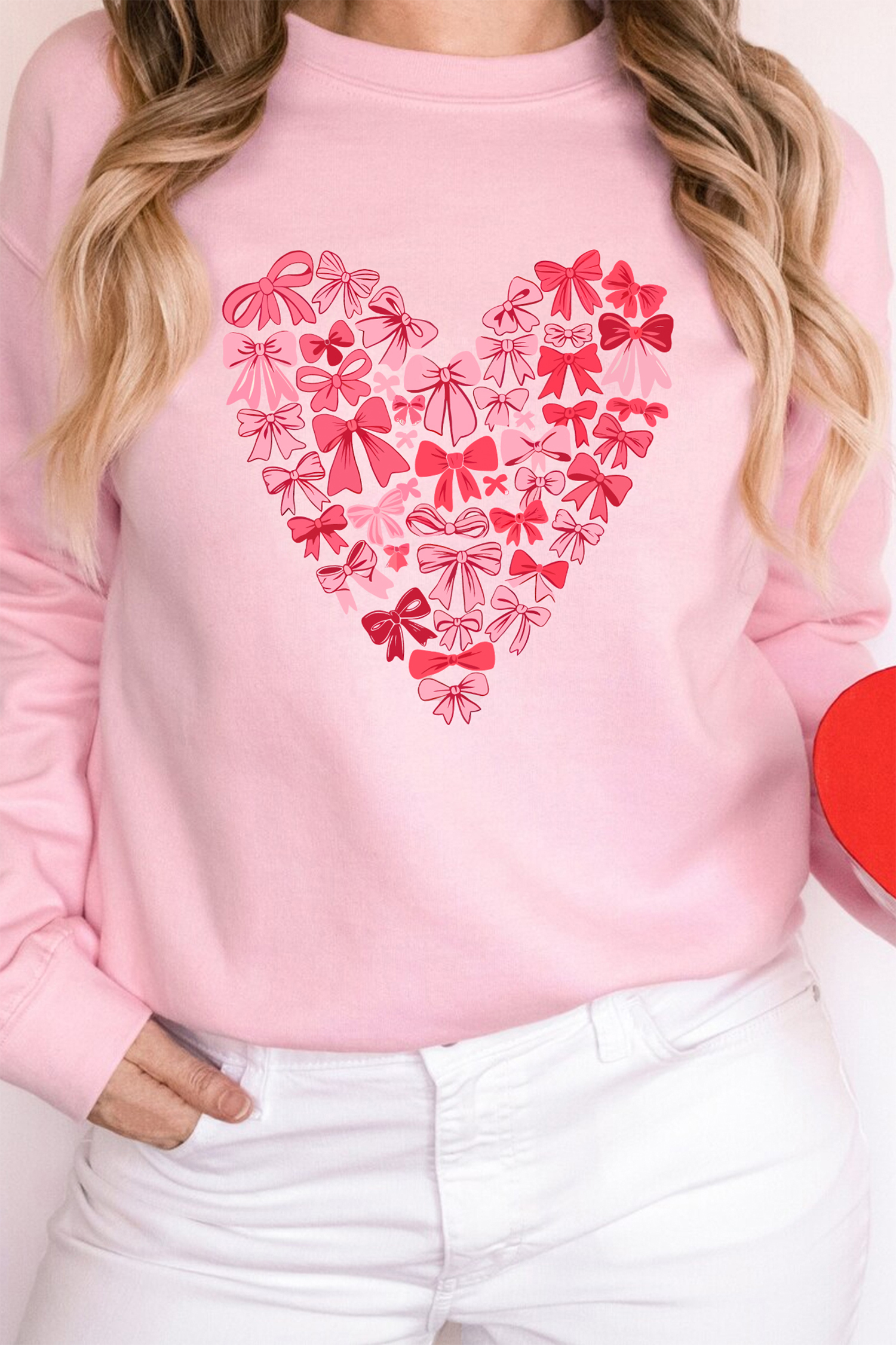 Pink Bow Printed Big Heart Valentines Day Pullover Sweatshirt - loveforevers
