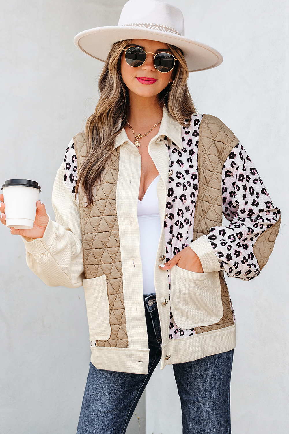 Khaki Leopard Waffle Quilted Patchwork Button Front Jacket - loveforevers