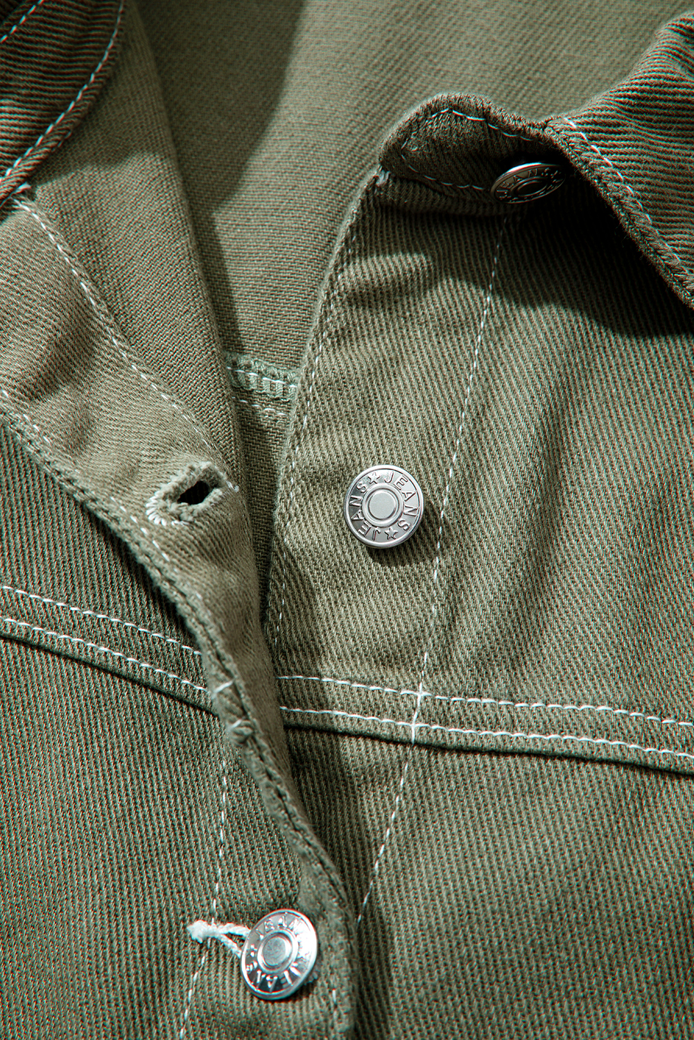 Smoke Green Patched Pocket Collared Button Front Boyfriend Denim Jacket - loveforevers