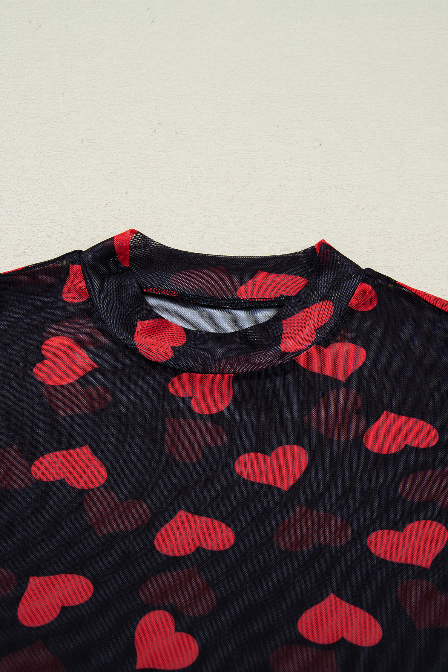 Black Valentines Heart Printed Sheer Mesh Long Sleeve Top - loveforevers