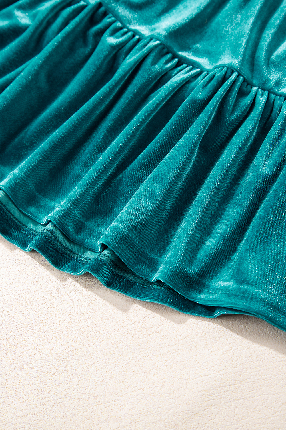 Sea Green Velvet V Neck Peplum Hem Puff Sleeve Blouse - loveforevers