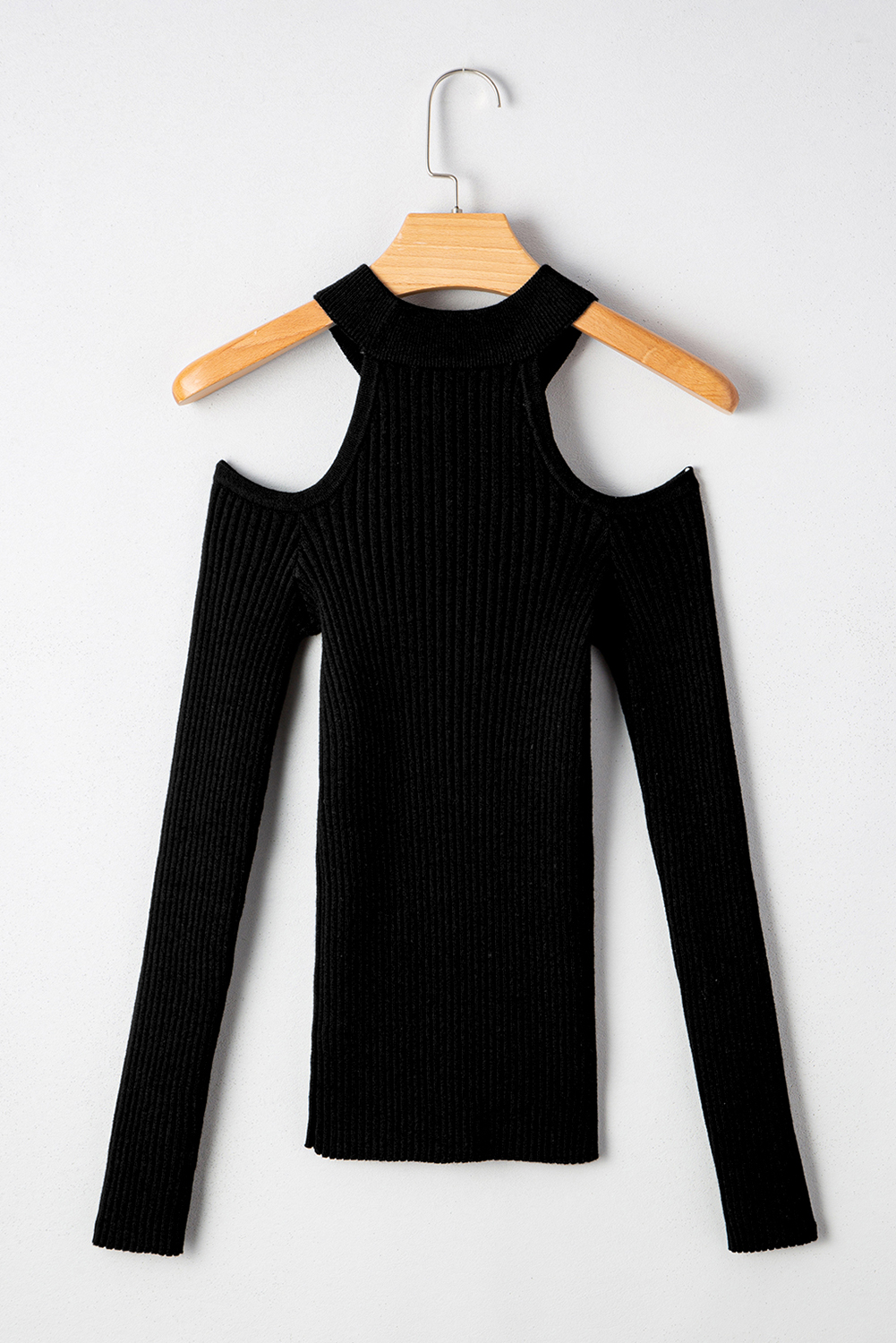Black Ribbed Knit Cold Shoulder Choker Neck Sweater - loveforevers