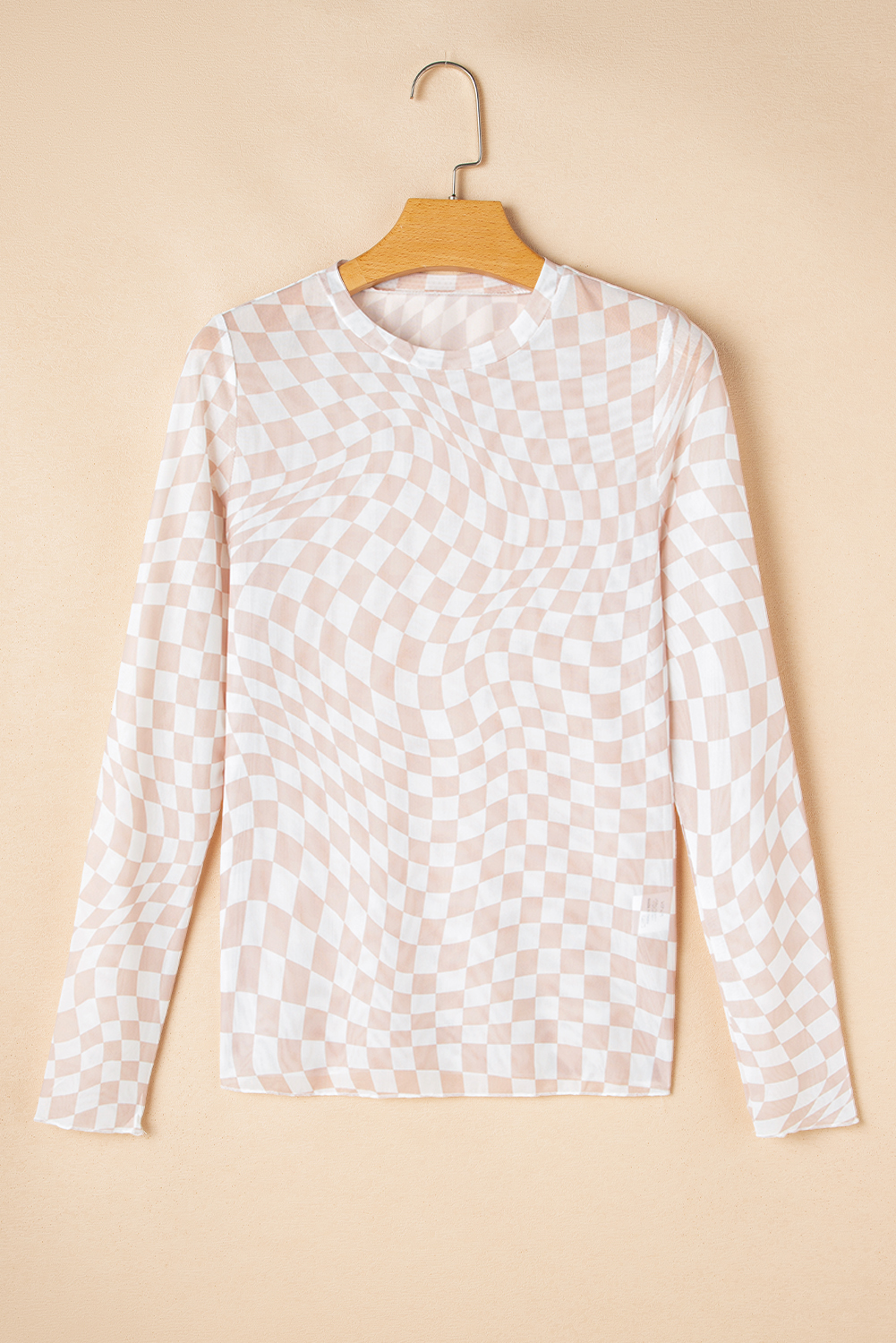 Khaki Checkered Pattern Mesh Mock Neck Long Sleeve Top - loveforevers