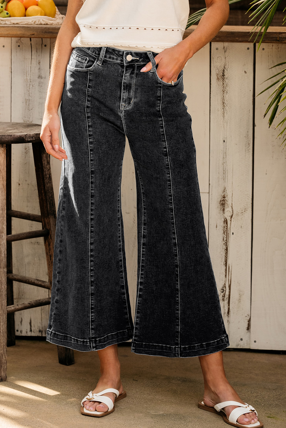 Black Plain Seam Detail Flared Bottom Ankle Length Jeans - loveforevers