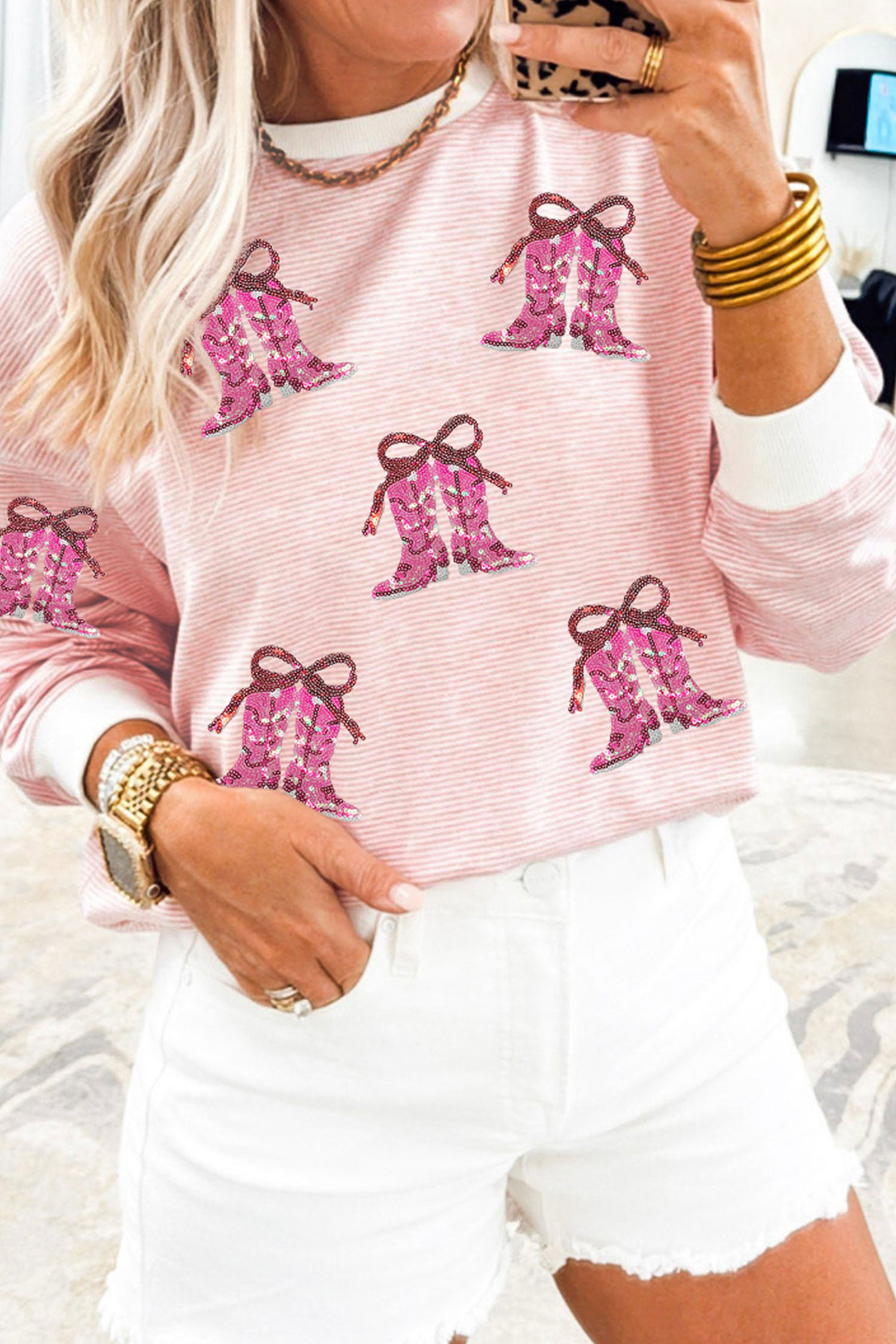 Pink Stripe Cowgirl Boots Sequin Pattern Round Neck Long Sleeve T Shirt - loveforevers