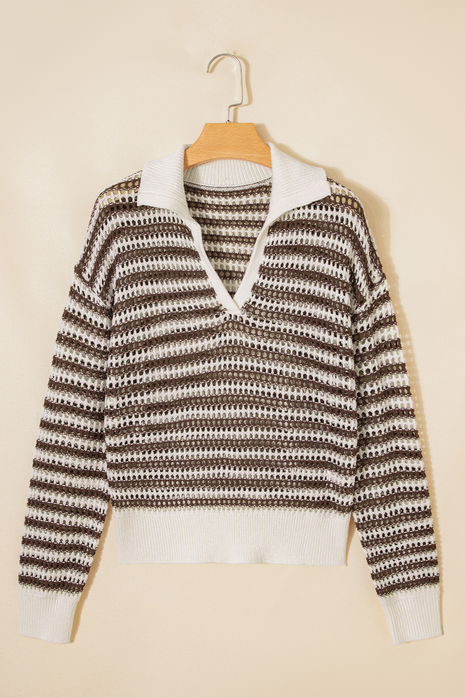 Brown Stripe Eyelet Hollow-out Contrast Collared Pullover Chic Sweater - loveforevers