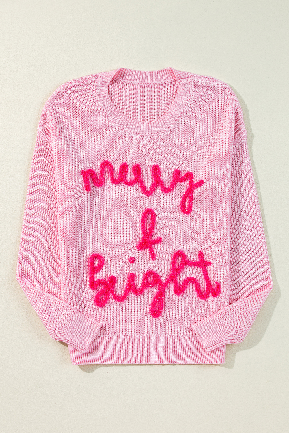 Pink Merry & Bright Pop Up Letter Waffle Knit Sweater - loveforevers