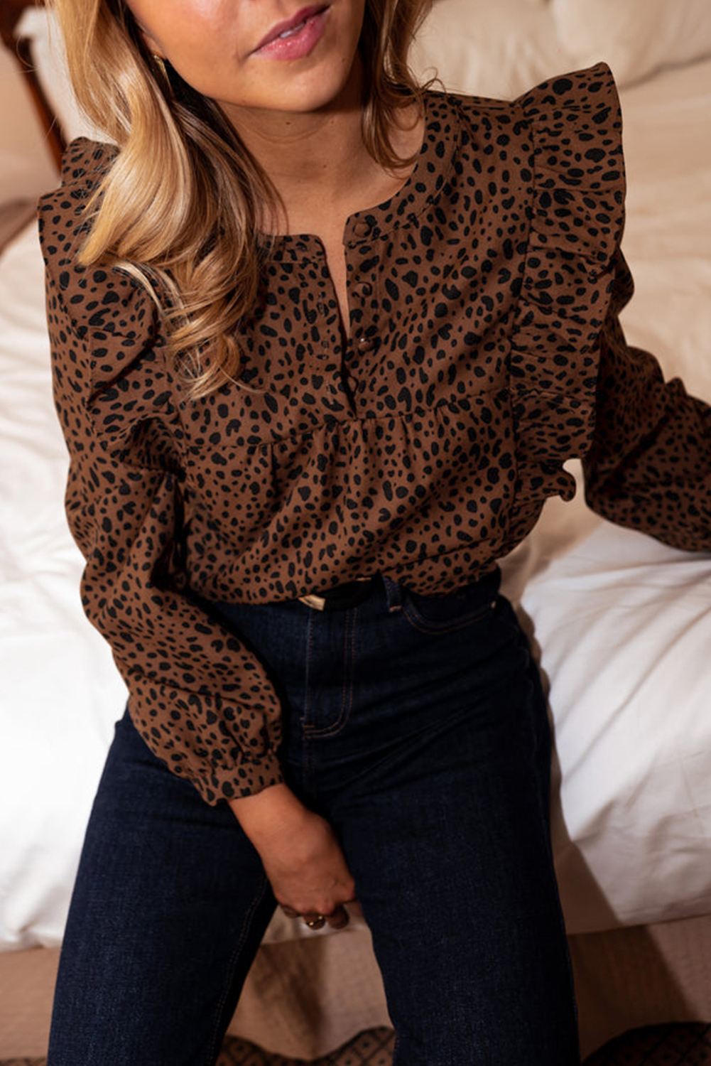 Brown Leopard Print Ruffled Puff Sleeve Blouse - loveforevers