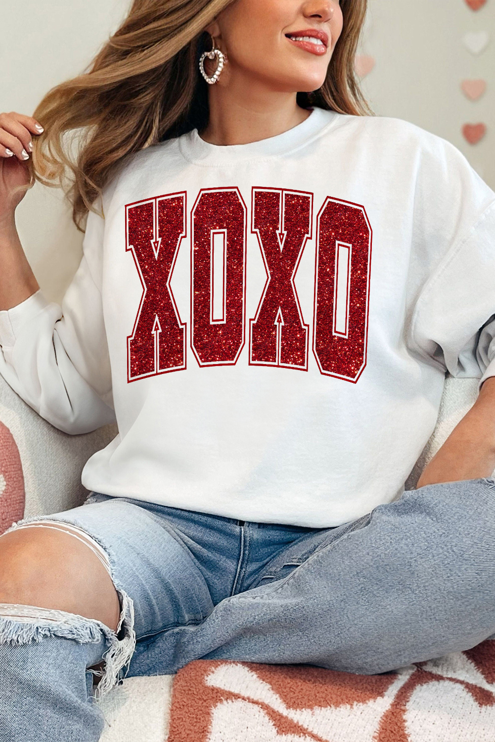 White Glitter XOXO Graphic Crewneck Valentines Pullover Sweatshirt - loveforevers