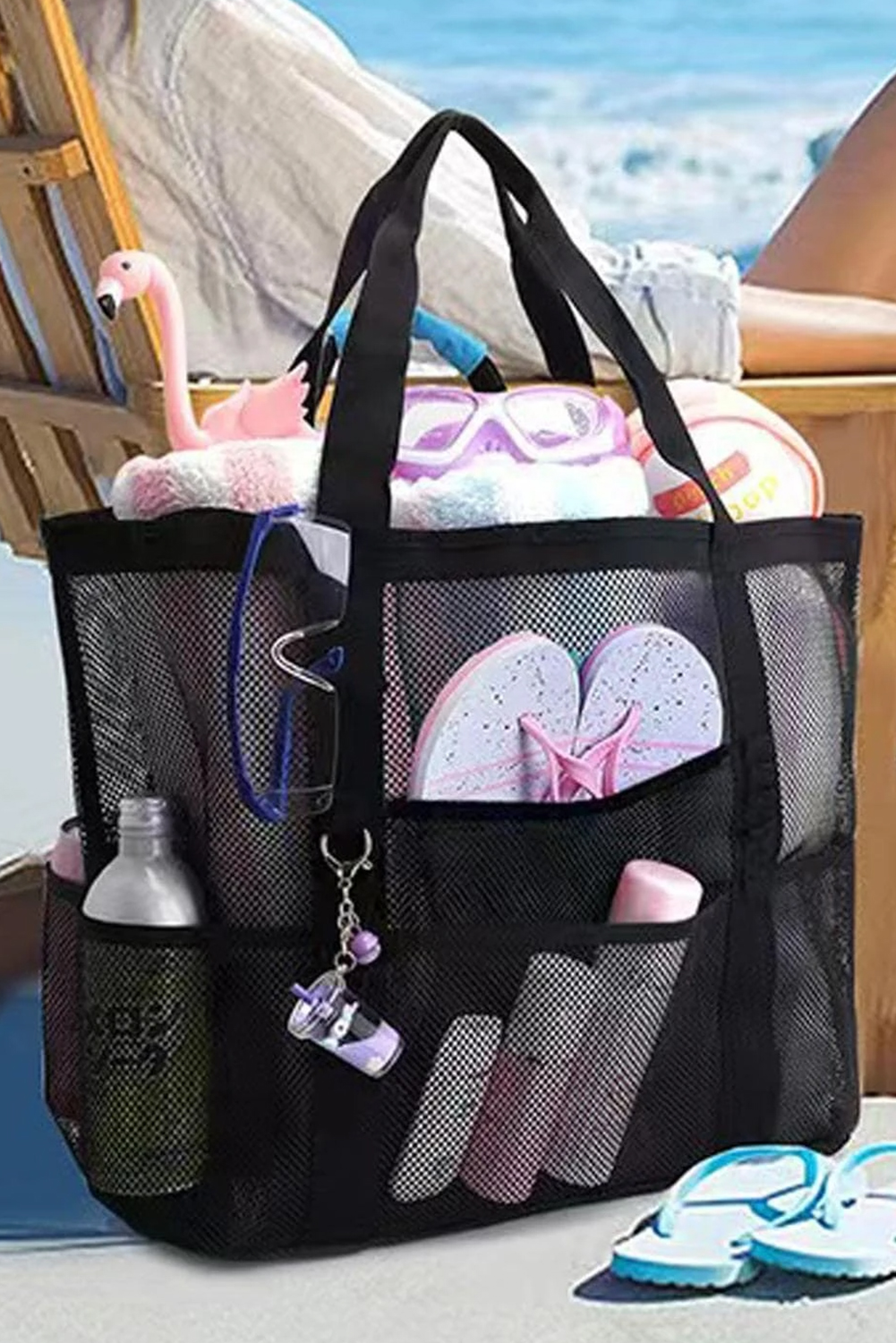 Black Multi-pocket Large Mesh Tote Bag - loveforevers
