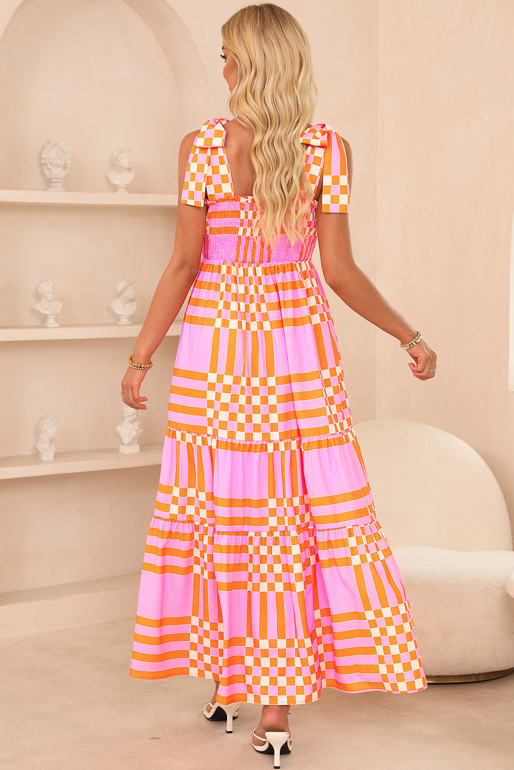 Pink Boho Gingham Tied Straps Smocked Maxi Dress - loveforevers