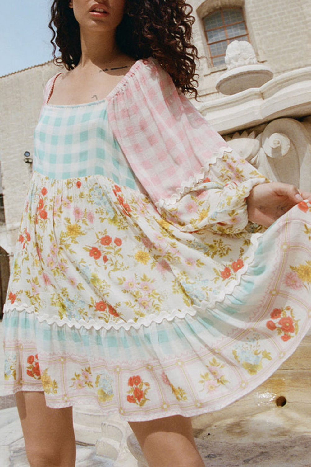 Pink Ric Rac Plaid Floral Print Patchwork Bubble Sleeve Dress - loveforevers