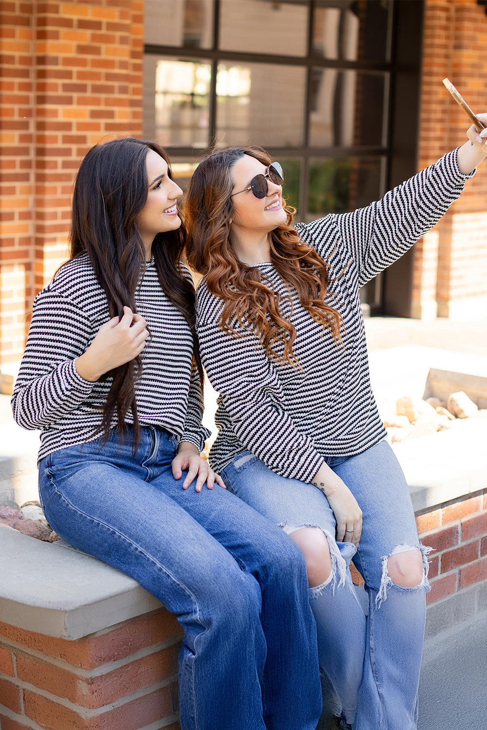 Black Stripe Round Neck Drop Shoulder Long Sleeve Top - loveforevers