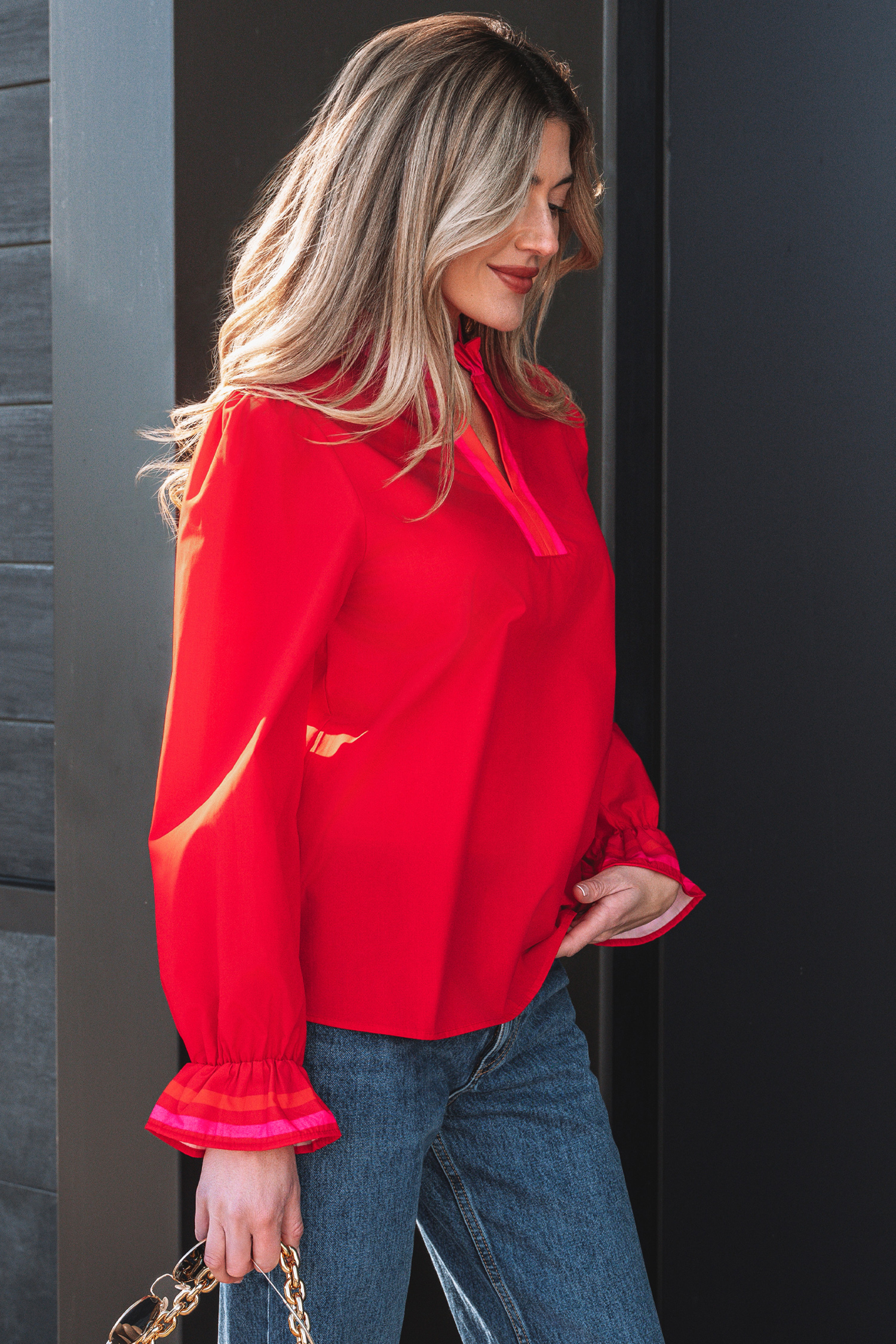 Four Leaf Clover Striped Trim Ruffle Split Neck Long Sleeve Blouse - loveforevers