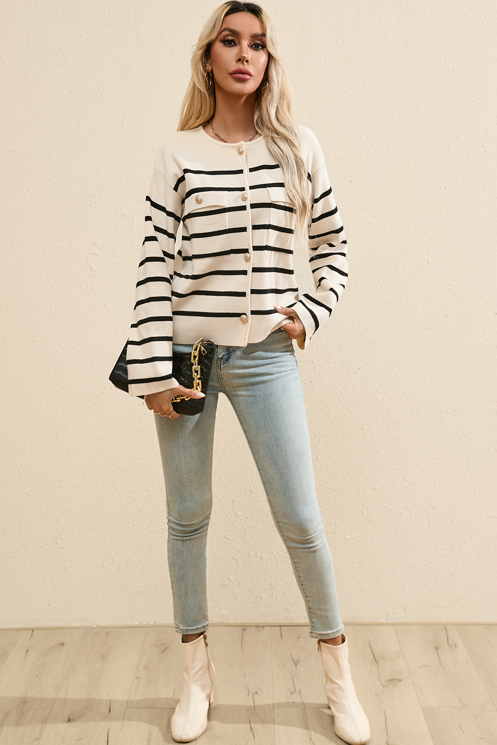 Black Stripe Flap Pocket Buttoned Cardigan Sweater - loveforevers