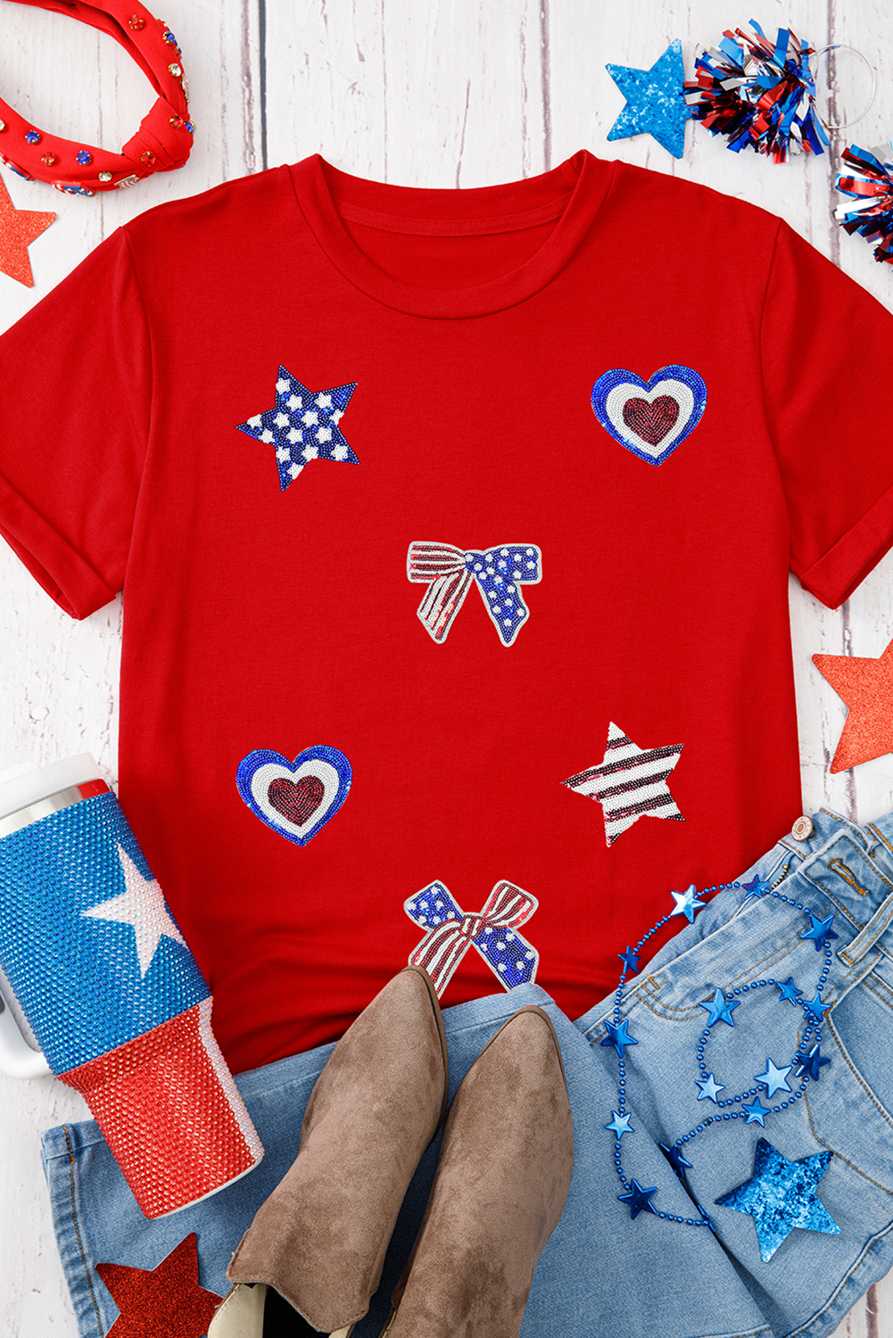 Red American Flag Inspired Sequined Pattern Crewneck Tee - loveforevers