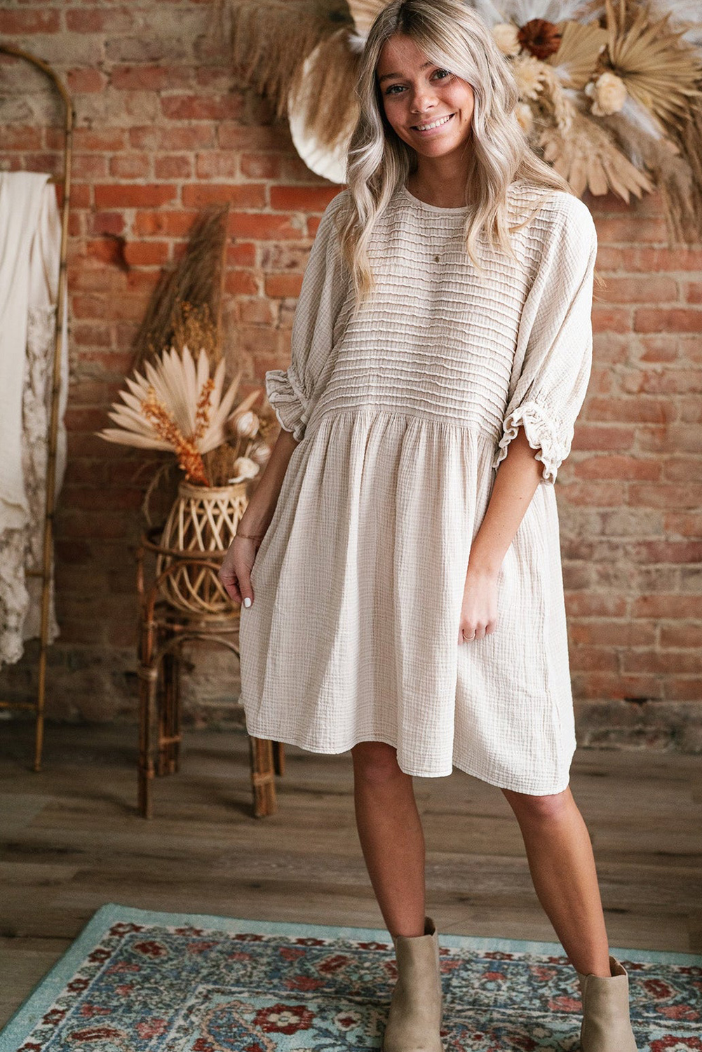 White Textured Ruffled Puff Sleeve Loose Dress - loveforevers