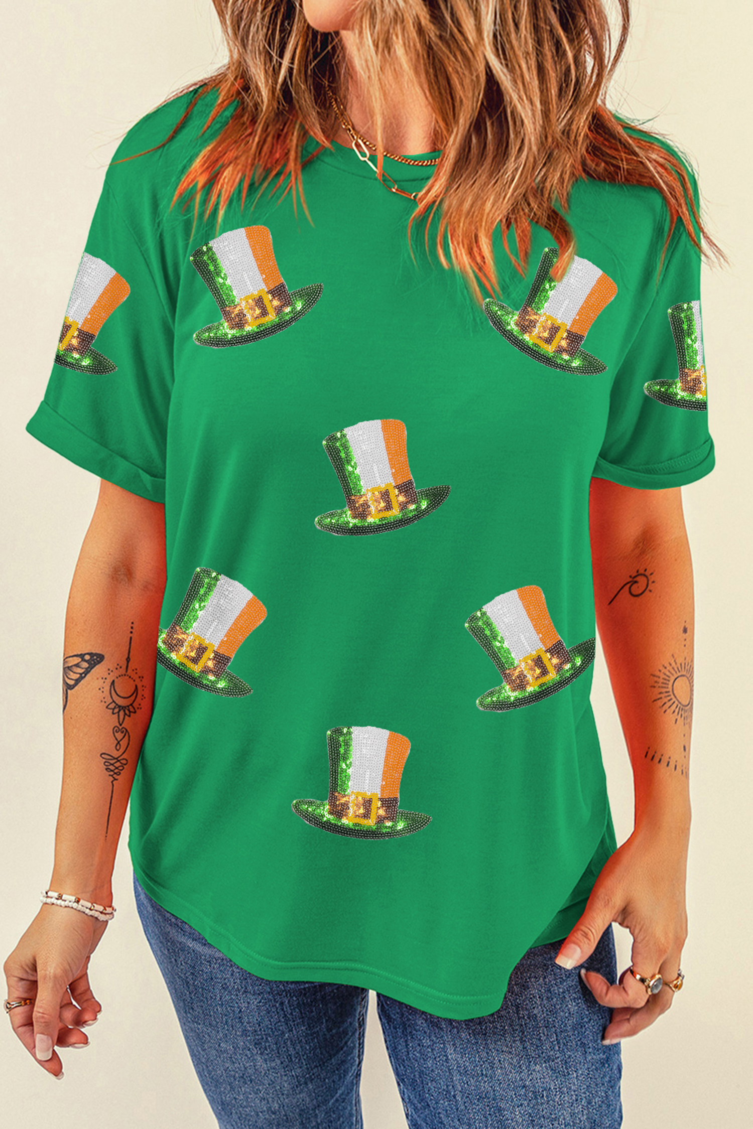Bright Green Sequin St Patricks Day Hat Relaxed T Shirt - loveforevers