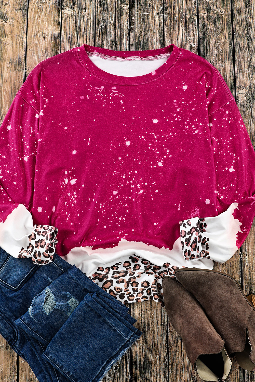 Fiery Red Leopard Bleached Pullover Sweatshirt - loveforevers