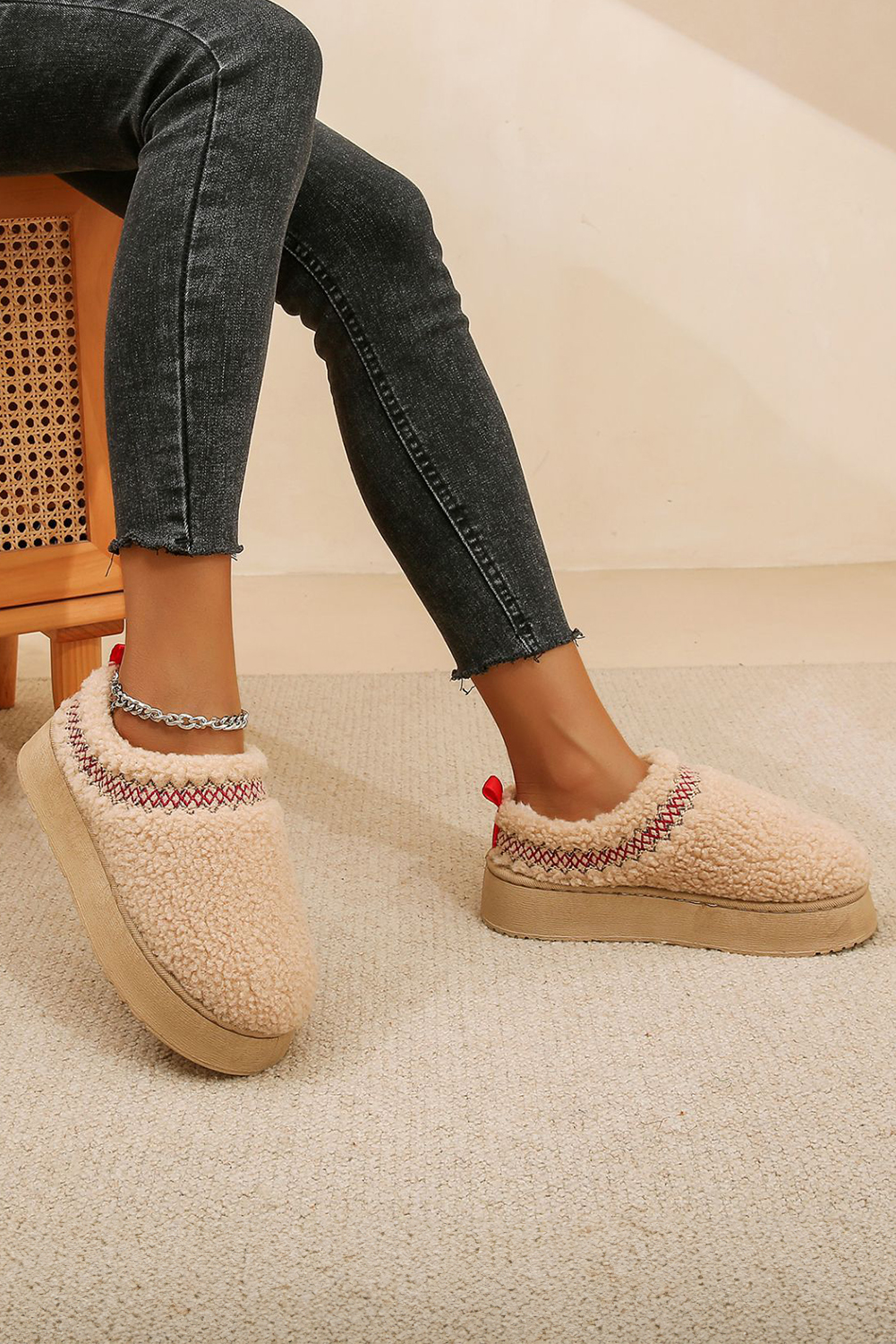 Oatmeal Embroidered Sherpa Plush Thick Sole Snow Boots - loveforevers