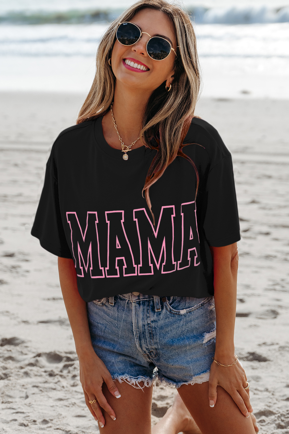 Black MAMA Letter Graphic Neon T Shirt - loveforevers