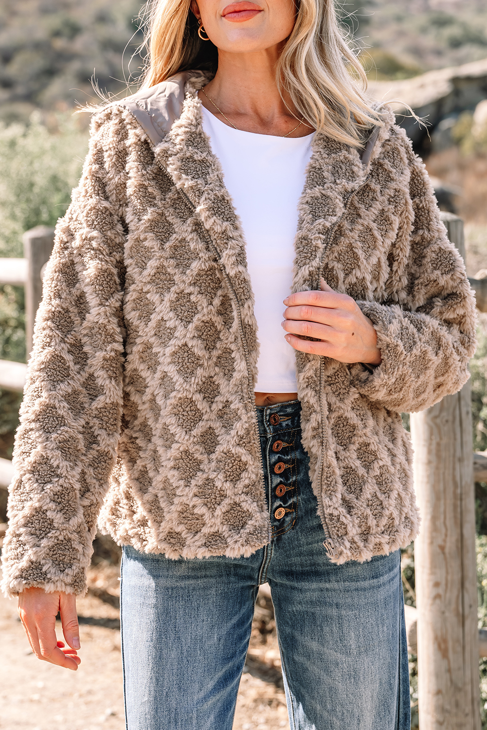 Chestnut Sherpa Rhombus Zip Up Side Pocket Hooded Jacket - loveforevers
