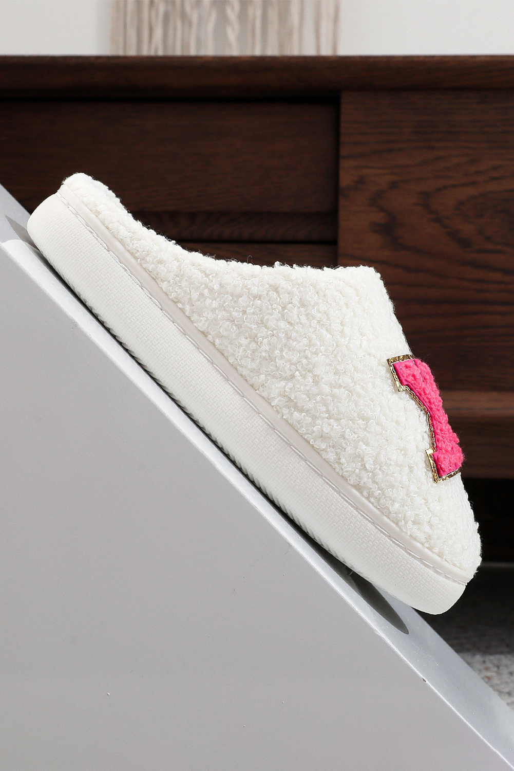 White XO XO Glitter Trim Letter Patched Plush House Slippers - loveforevers