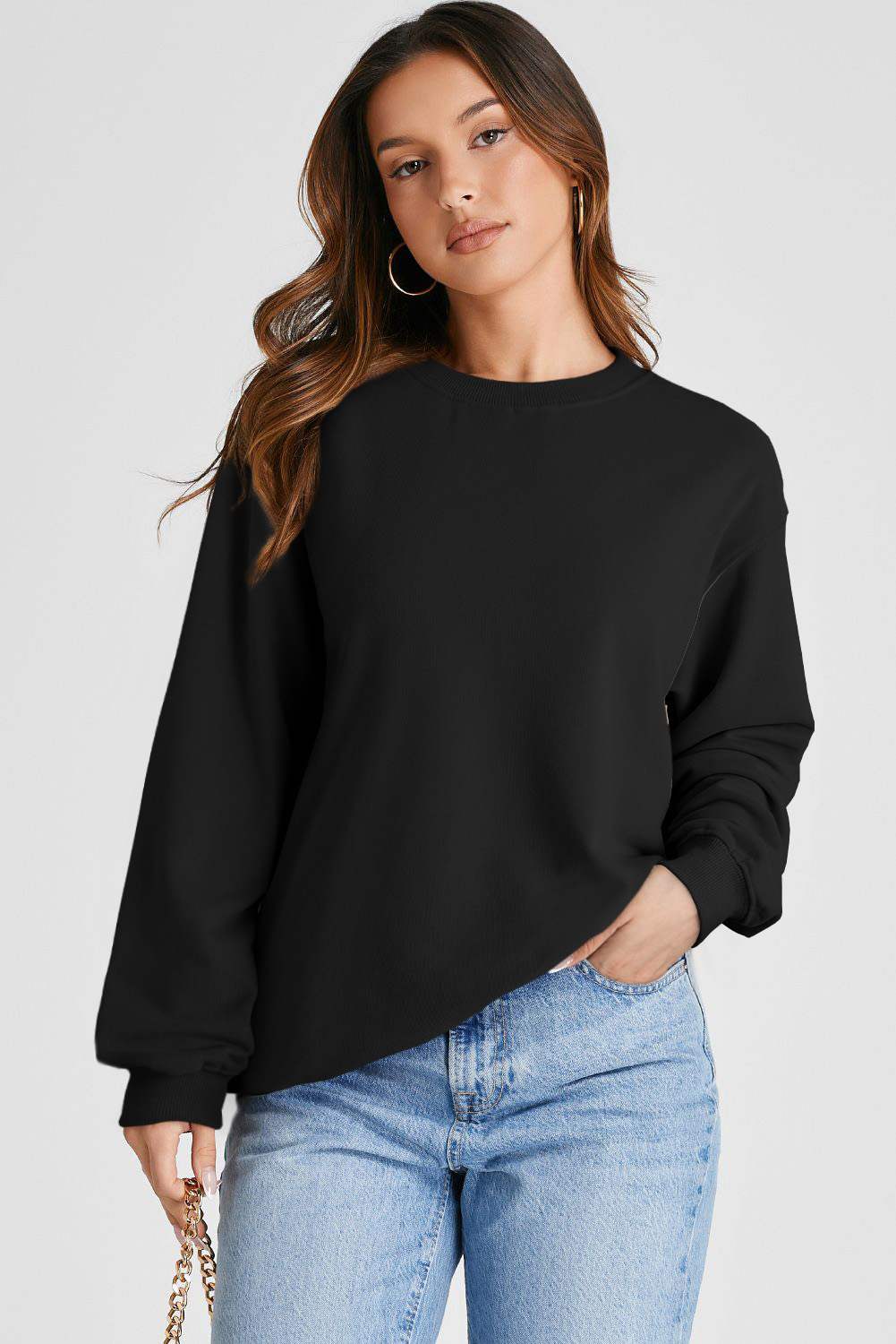 Navy Blue Plain Drop Shoulder Crewneck Pullover Sweatshirt - loveforevers