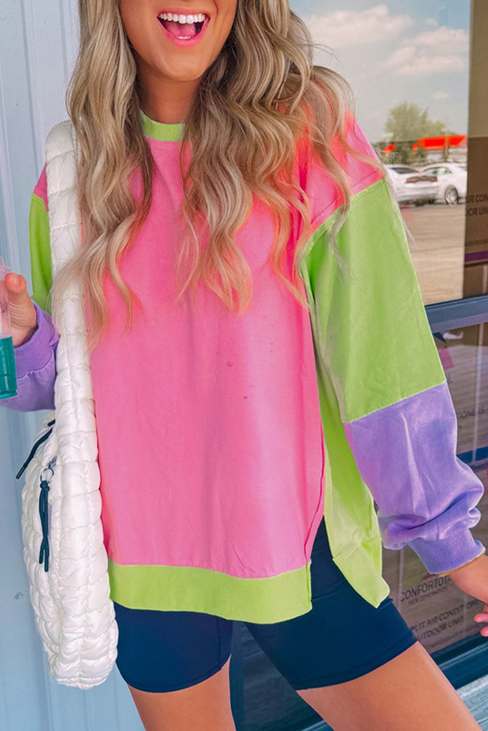 Pink Colorblock Exposed Seam Crewneck Casual Sweatshirt - loveforevers