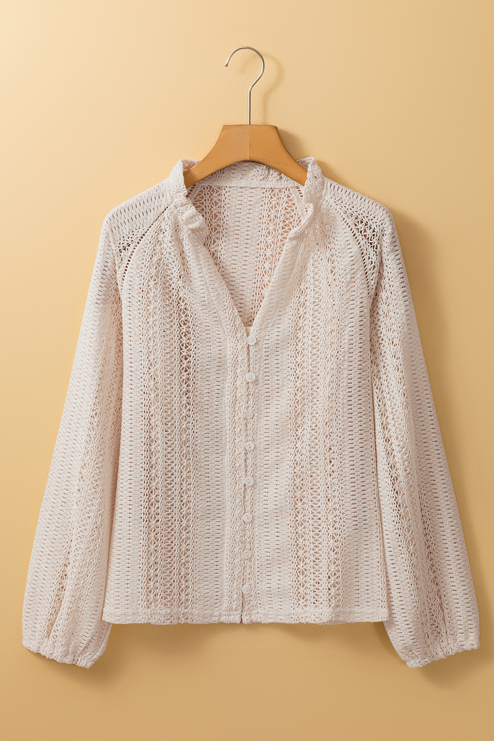 White Lace Hollow out Puff Sleeve Button up Shirt - loveforevers