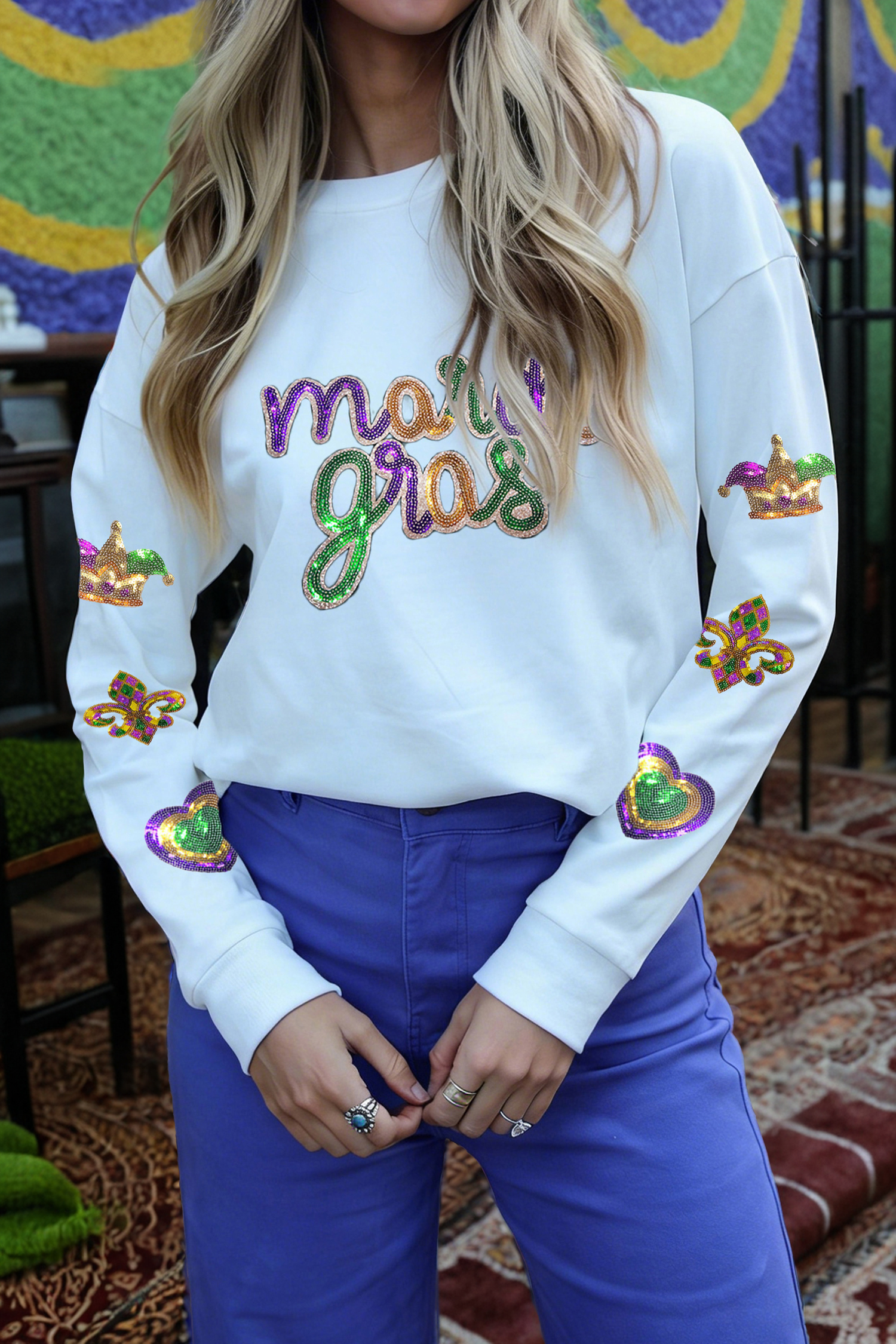 White LUCKY Clover Embroidered Long Sleeve Top - loveforevers