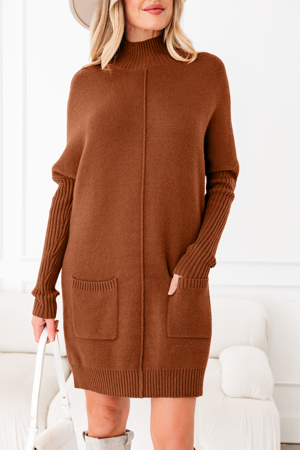 Fiery Red Ribbed High Neck Front Pockets Center Seam Shift Sweater Dress - loveforevers